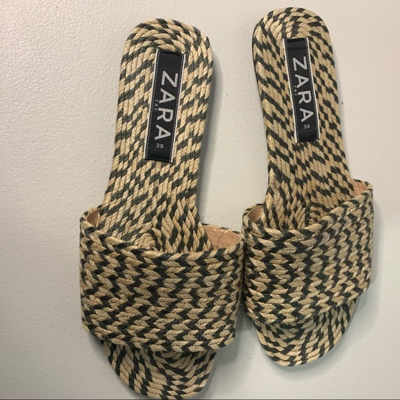 Zara TRF Woven Jute Slide on Flat Sandals